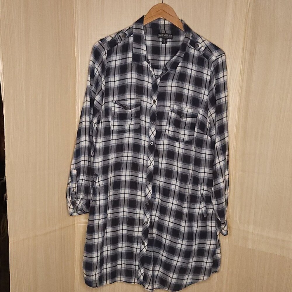 Forever 21 Plus Blue White Plaid Lightweight Duster Button Front Top  3X